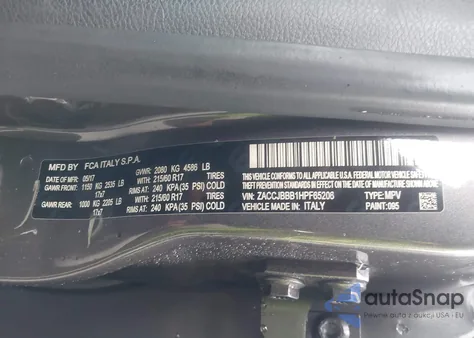 2017 Jeep Renegade Latitude 4X4 z USA, uszkodzony, nr VIN ZACCJBBB1HPF65206